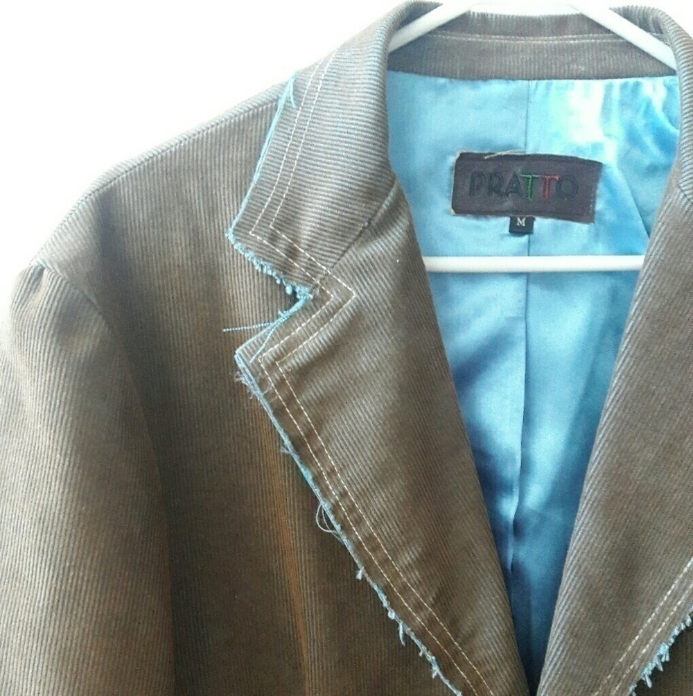 PRATTO Fitted Brown Cordouroy Blazer with Light Blue Stitch Trim, M - Picture 3 of 7